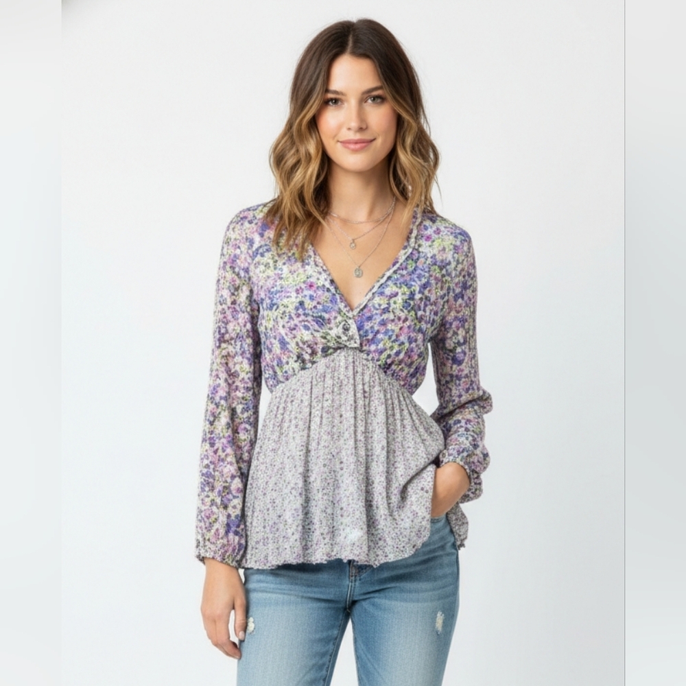 Kaktus Floral Fairy Milkmaid Blouse Purple Y2K Babydoll Boho Festival S